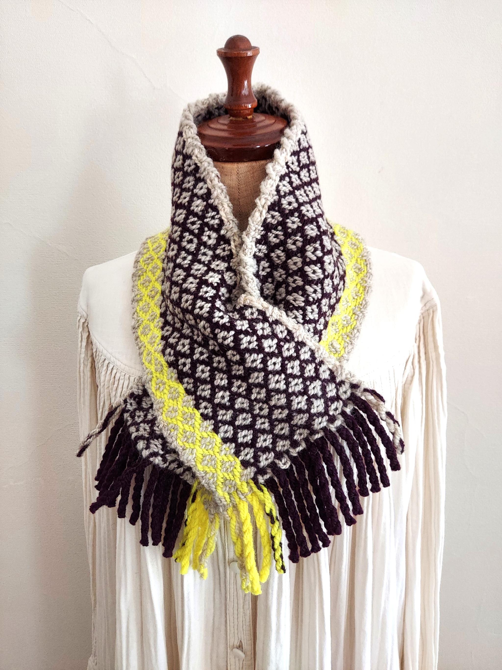 ホームスパン ちびマフラー　紫×ネオンイエロー・ナチュラルグレー