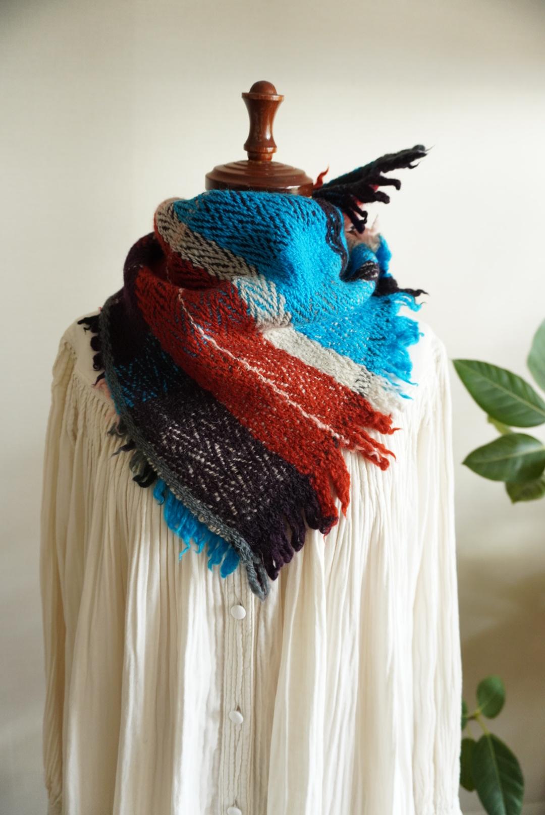 ホームスパン　ウールネッカチーフ　紫チェック